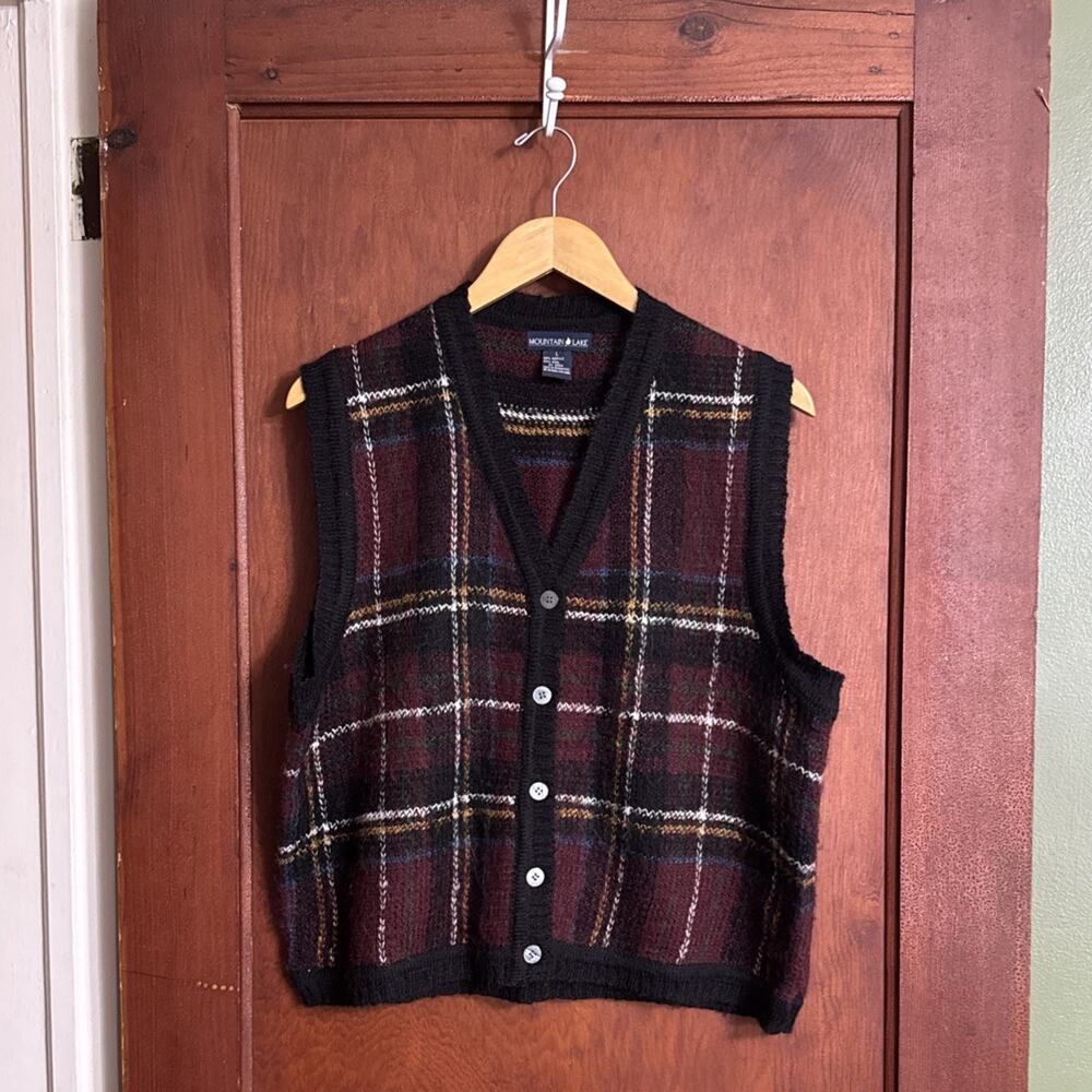 Vintage Mountain Lake Women’s L Plaid Sweater Vest Wool Blend Grandpa Cardigan